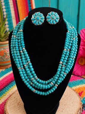 Turquoise Beaded Necklace & Clip-On Earring Set 17” Boho Style